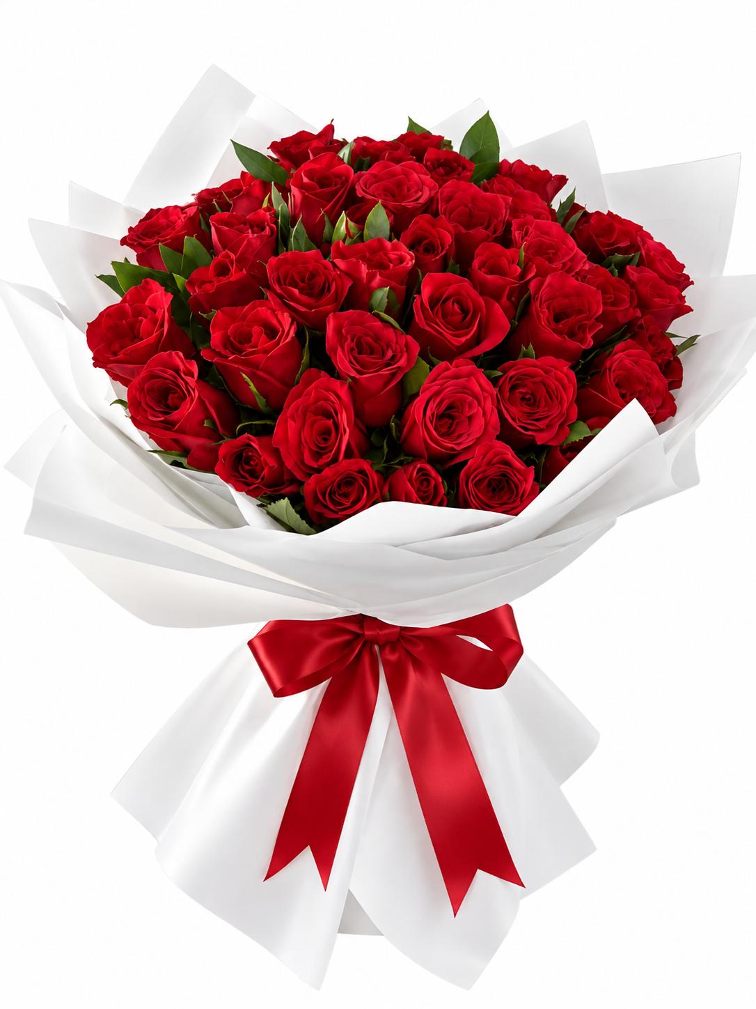 Classic red rose bouquet wrapped in white paper with red ribbon