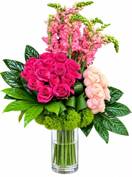Pink Elegance Luxury Bouquet with hot pink roses, blush roses, and snapdragons in a glass vase