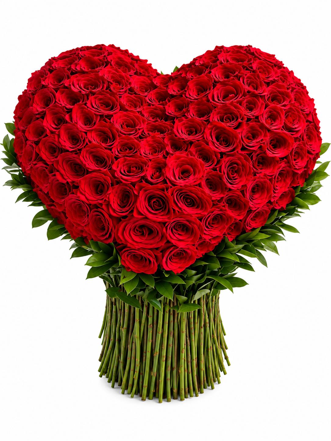 Heart-shaped arrangement of over 100 red roses with green foliage and bundled stems