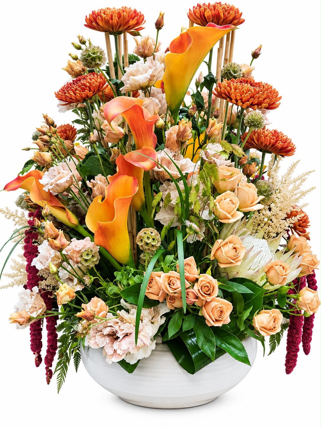 Autumn Harvest Floral Arrangement in a white ceramic bowl