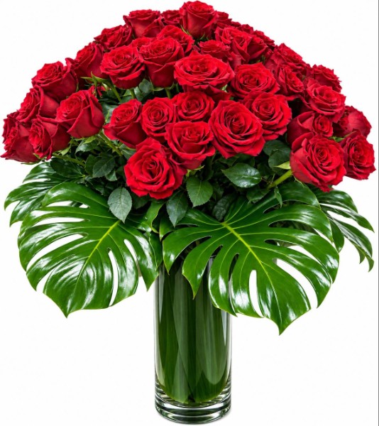 Red roses bouquet with monstera leaves in a glass vase